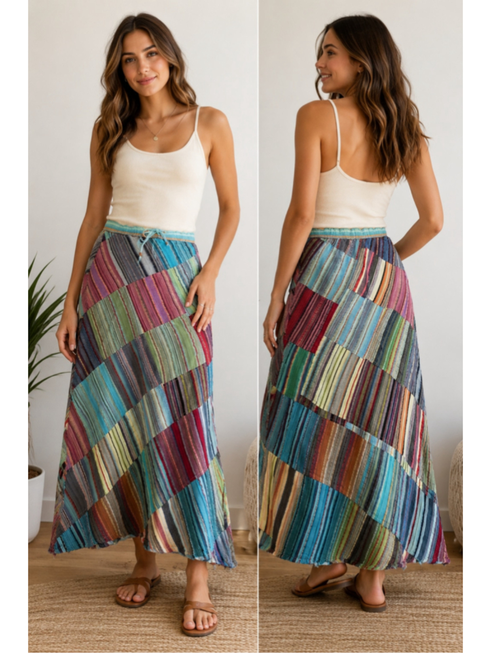 Bluesky Lined Patchwork Maxi Skirt Size M Multi-color Boho Hippie Inspired